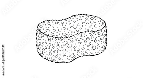Simple line art drawing of a household cleaning sponge in a three dimensional perspective on a plain white background for utility use.