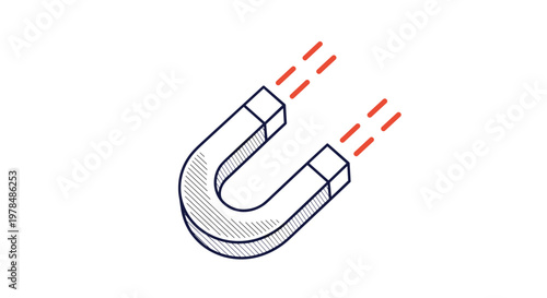 Classic horseshoe magnet drawing with red magnetic field lines illustrating force of attraction and scientific principles in physics.