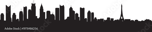 Panoramic cityscape silhouette vector illustration showing various famous landmarks line art