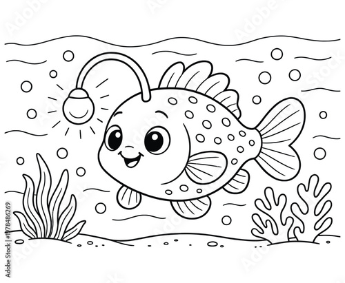 Angler fish character swimming deep underwater with bioluminescent lure coloring page art.