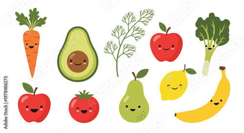 Large collection of cute cartoon fruits and vegetables with happy faces including carrot avocado apple tomato pear and banana.