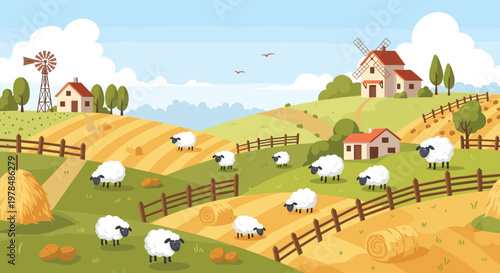 Scenic farm landscape with rolling green hills grazing sheep wooden fences hay bales and a traditional windmill and farmhouse.