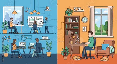 Illustration of remote work and home office environment showing two different work settings.