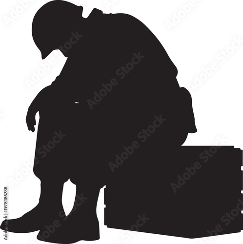 Sad soldier silhouette illustration vector, bowed head, despair