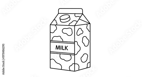 Clean black and white line art illustration of a milk carton with distinctive cow spots and a prominent label for dairy products.