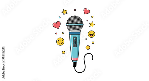 Retro style blue microphone surrounded by a playful array of colorful stars hearts smiley faces and musical icons for entertainment.