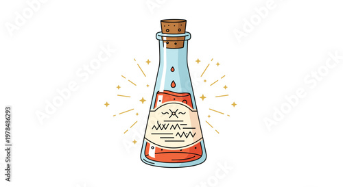 Ornate glass bottle containing a sparkling red magic potion with stars and bubbles in a whimsical and fantasy themed illustration.