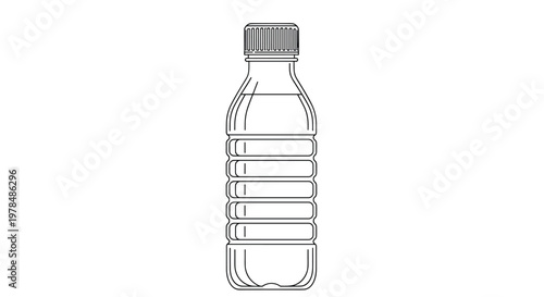 Detailed line art of a transparent plastic water bottle with horizontal ridges and a screw cap for healthy hydration themes.