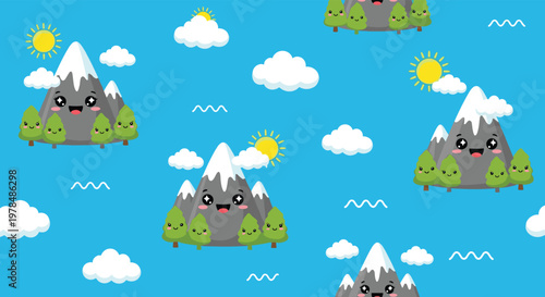 Cheerful pattern of smiling mountain characters with snow caps green trees yellow suns and white clouds on a vibrant blue sky.