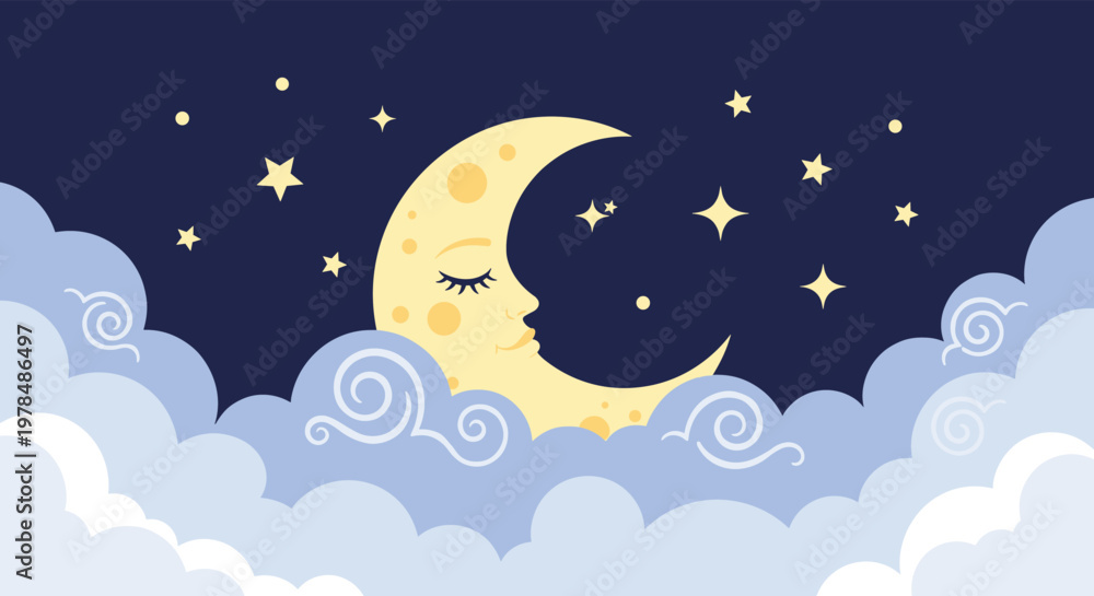 Fototapeta premium Dreamy illustration of a crescent moon with a sleeping face resting among soft blue clouds and bright yellow stars.