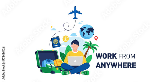 Remote work concept with travel and digital nomad lifestyle elements.