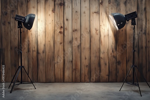 Professional studio lighting illuminating a rustic wooden wall backdrop