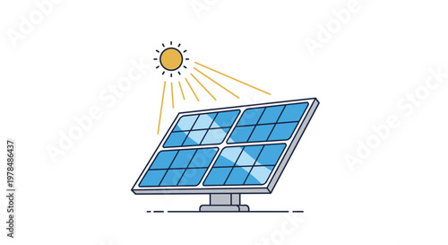 Clean energy illustration featuring a blue solar panel tilted towards the bright yellow sun to generate electricity.