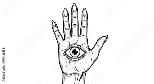 Mystical black and white line drawing of a human hand featuring an open eye positioned in the center of the palm.