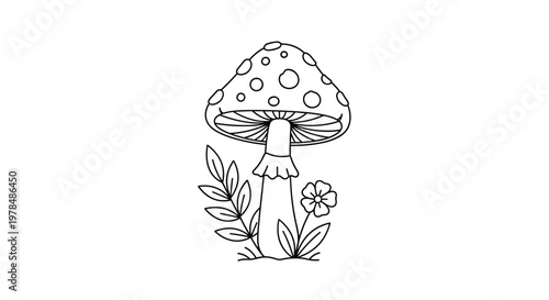 Simple black and white line art of a spotted mushroom growing next to small flowers and detailed pointed leaves.