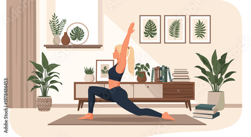 Serene woman practicing a yoga pose on a mat in a beautifully decorated living room filled with plants and books.