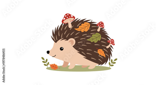 Adorable brown hedgehog walking through the forest with red mushrooms and autumn leaves stuck to its prickly back.