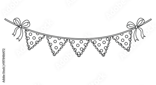 Delicate line drawing of a hanging bunting banner with polka dot flags and decorative ribbons tied at the ends.