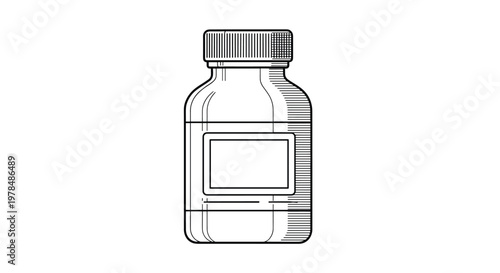 Minimalist black and white line drawing of a medicine bottle with a label and screw cap on a white background.