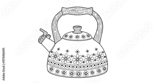 Traditional tea kettle decorated with intricate floral patterns and a wooden handle in a detailed line art style.