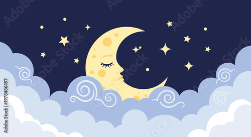 Dreamy illustration of a crescent moon with a sleeping face resting among soft blue clouds and bright yellow stars.