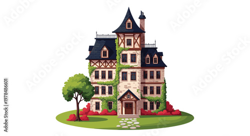 Magnificent multi-story European style mansion with stone walls, ivy, and red flower bushes on a large green lawn.