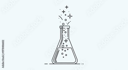 Laboratory flask filled with a bubbling liquid is shown with an active chemical reaction and sparkling stars.