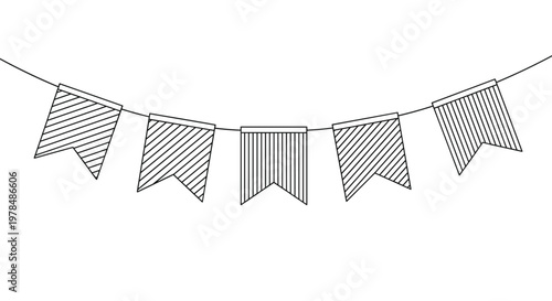 Simple black and white line drawing of a festive bunting garland with five striped pennant flags on a string.