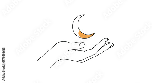 Minimalist line art drawing of a human hand delicately cupping a small glowing orange crescent moon in the air.