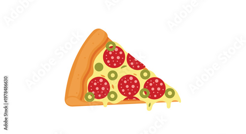 Appetizing slice of pepperoni pizza topped with black olives and melted cheese presented as a colorful flat vector illustration.