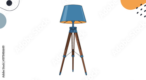 Elegant modern floor lamp with a blue conical lampshade and a wooden tripod base shown against a decorative abstract background.