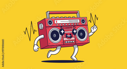 Energetic cartoon boombox character with arms and legs dancing against a bright yellow background with sound wave symbols.