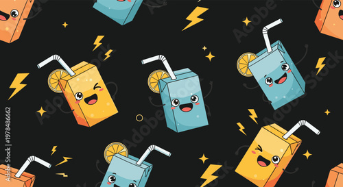 Fun seamless pattern of animated juice box characters with faces and straws surrounded by lightning bolts and stars on a black backdrop.