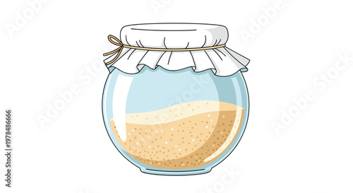 Spherical glass jar with a white fabric lid tied with a string containing a layer of light brown sand or grain on a white background.