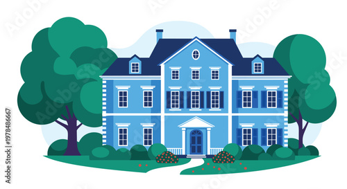 Stately two-story blue mansion with many windows and white trim surrounded by lush green trees and bushes in a flat design style.