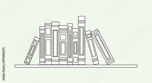 Minimalist black and white line art illustration of several hardcover books arranged on a simple shelf with some leaning to the side.
