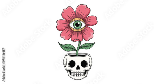 Surreal illustration of a pink blossom with a human eye in the center growing out of a human skull planter on a white background.