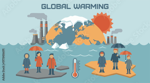 Global Warming and Climate Change Illustration with Melting Ice and Rising Sea Levels