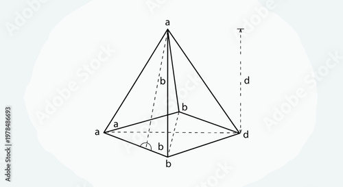Mathematical diagram of a three-dimensional square pyramid with labeled vertices edges and height lines on a simple background.
