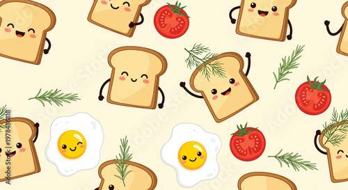 Cheerful seamless pattern featuring animated toast slices with faces happy fried eggs red tomatoes and sprigs of dill.