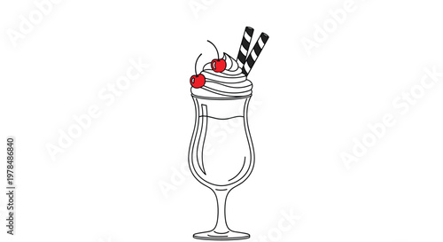 Classic milkshake served in a tall glass topped with a swirl of whipped cream, two bright red cherries, and striped drinking straws.