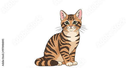 Detailed illustration of a ginger tabby cat with dark brown stripes and green eyes sitting in a natural alert pose.