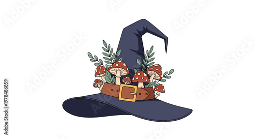 Whimsical dark blue witch hat decorated with a brown leather belt and various red spotted mushrooms and green leafy branches emerging from it.