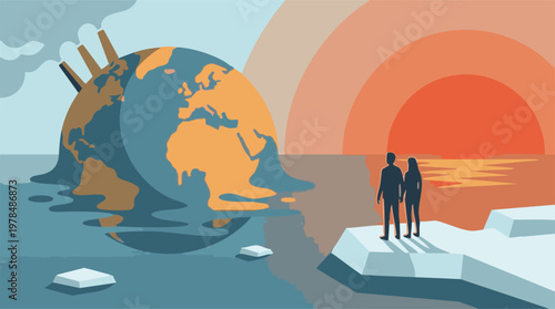 Climate Change: Melting Globe, Pollution, and Humans Observing Environmental Crisis