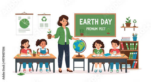 In a colorful classroom setting, a teacher points to a globe while presenting an Earth Day education worksheet to children at their desks, with a focus on vector illustrations