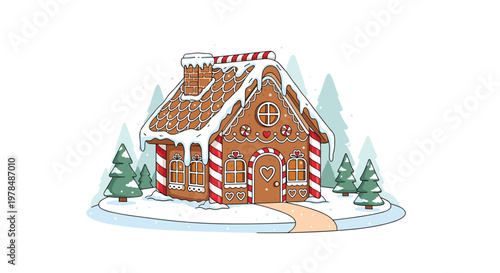 Traditional gingerbread house decorated with white icing snow and candy canes standing in a wintry forest landscape filled with evergreen trees.