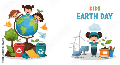 A colorful vector illustration features children celebrating Earth Day with educational posters and worksheets, emphasizing environmental awareness with a globe, recycling bins, solar