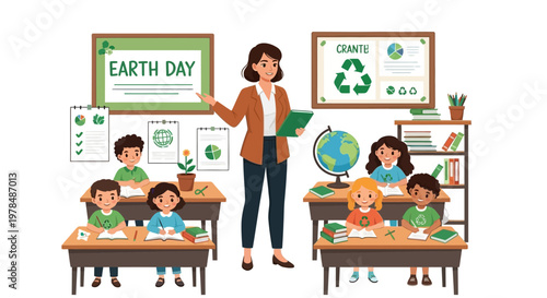 In a brightly lit classroom, a teacher stands presenting a Earth Day education worksheet to children at their desks, with a globe visible, in a flat vector illustration with a cheerful