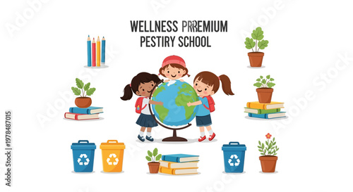 Illustrated Earth Day classroom poster design featuring children embracing a globe, surrounded by plants, books, and recycling bins with a cheerful mood against a clean white background