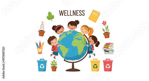 A group of cheerful children are depicted in a vibrant vector illustration surrounding a globe, symbolizing Earth Day education, complete with classroom poster elements and a wellness theme
